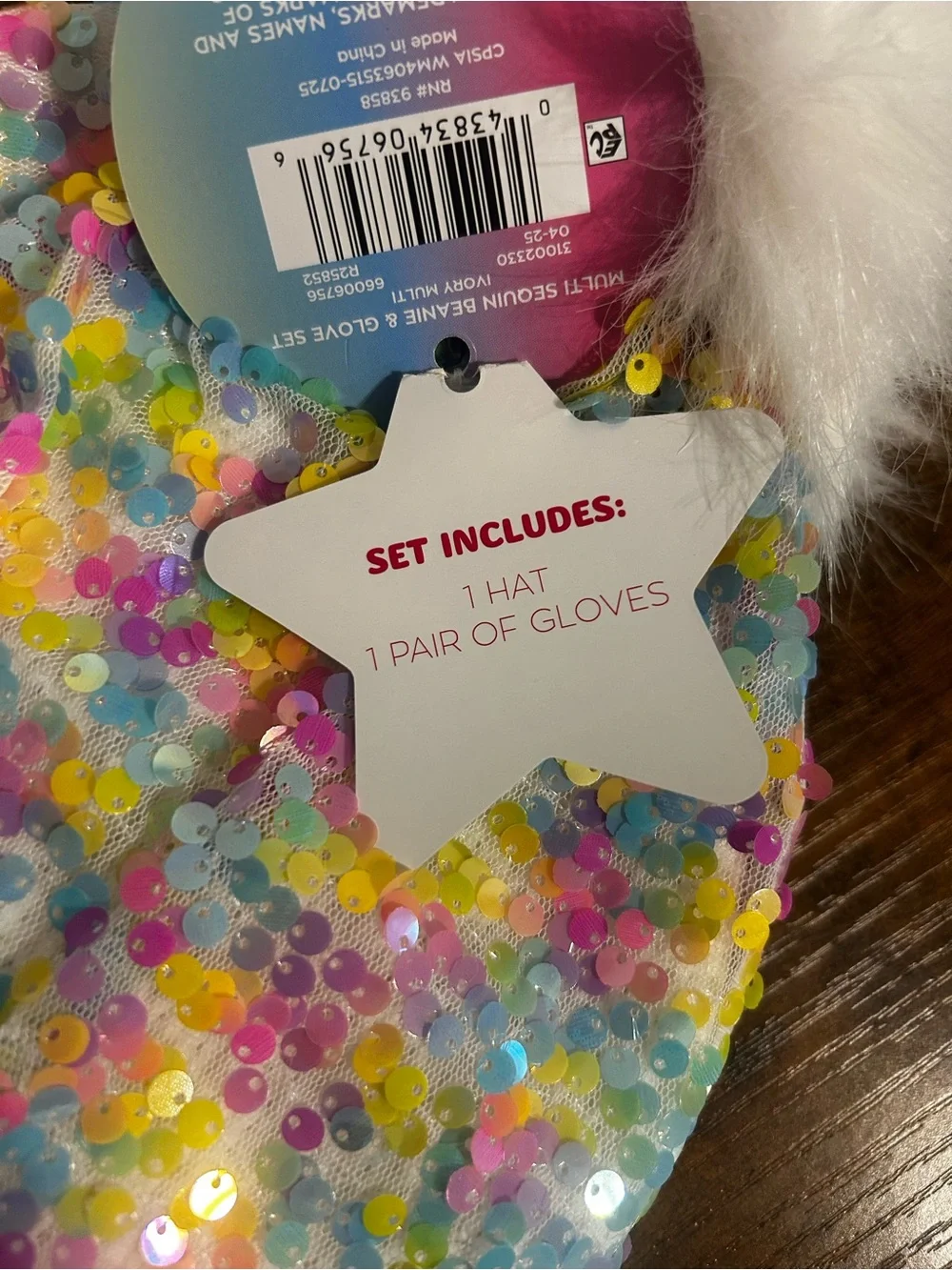 Justice Girls Multi Sequin Beanie and Glove Set Ivory Multi Faux Fur Pom Pom